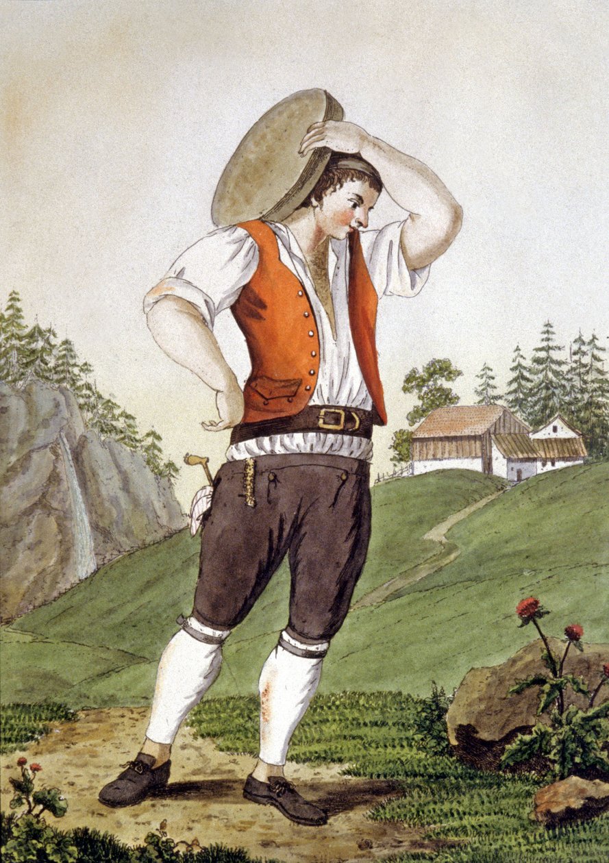 Lehmänpaimen Sveitsissä, 1800-luvun alku (kaiverrus) tekijältä Simon Daniel Lafond