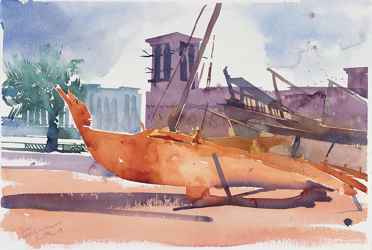 Dubai, veneet ja tuulitornit, 2004 (akvarelli paperille). tekijältä Simon Fletcher