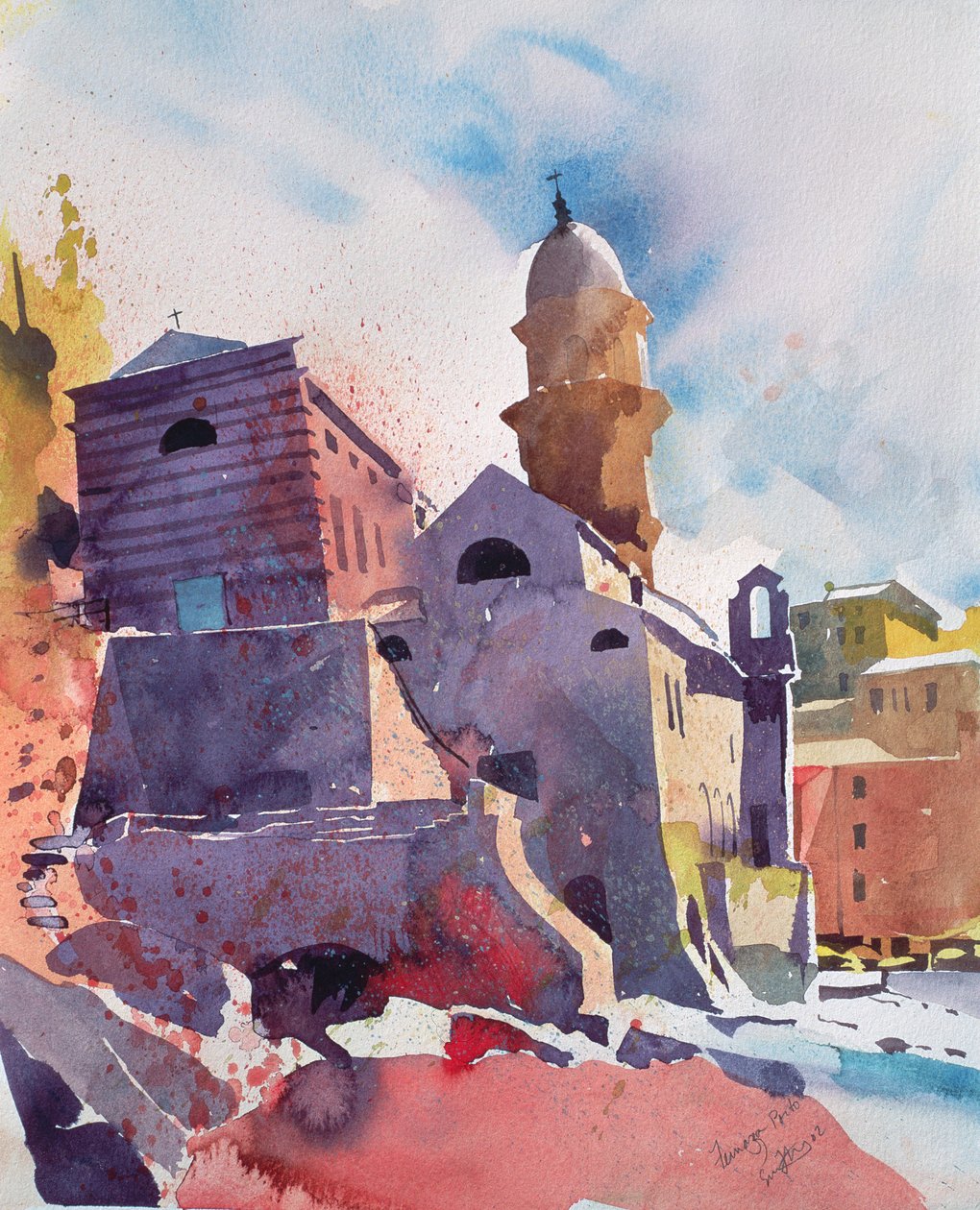Fernazza, Porto, 2002 (akvarelli paperille) tekijältä Simon Fletcher