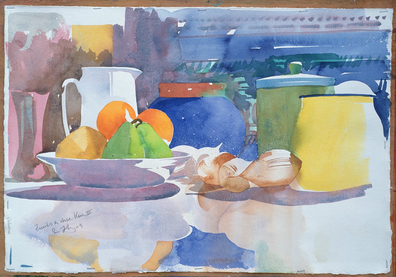 Fruits et Vase Bleu II, 2003 (akvarelli paperille) tekijältä Simon Fletcher