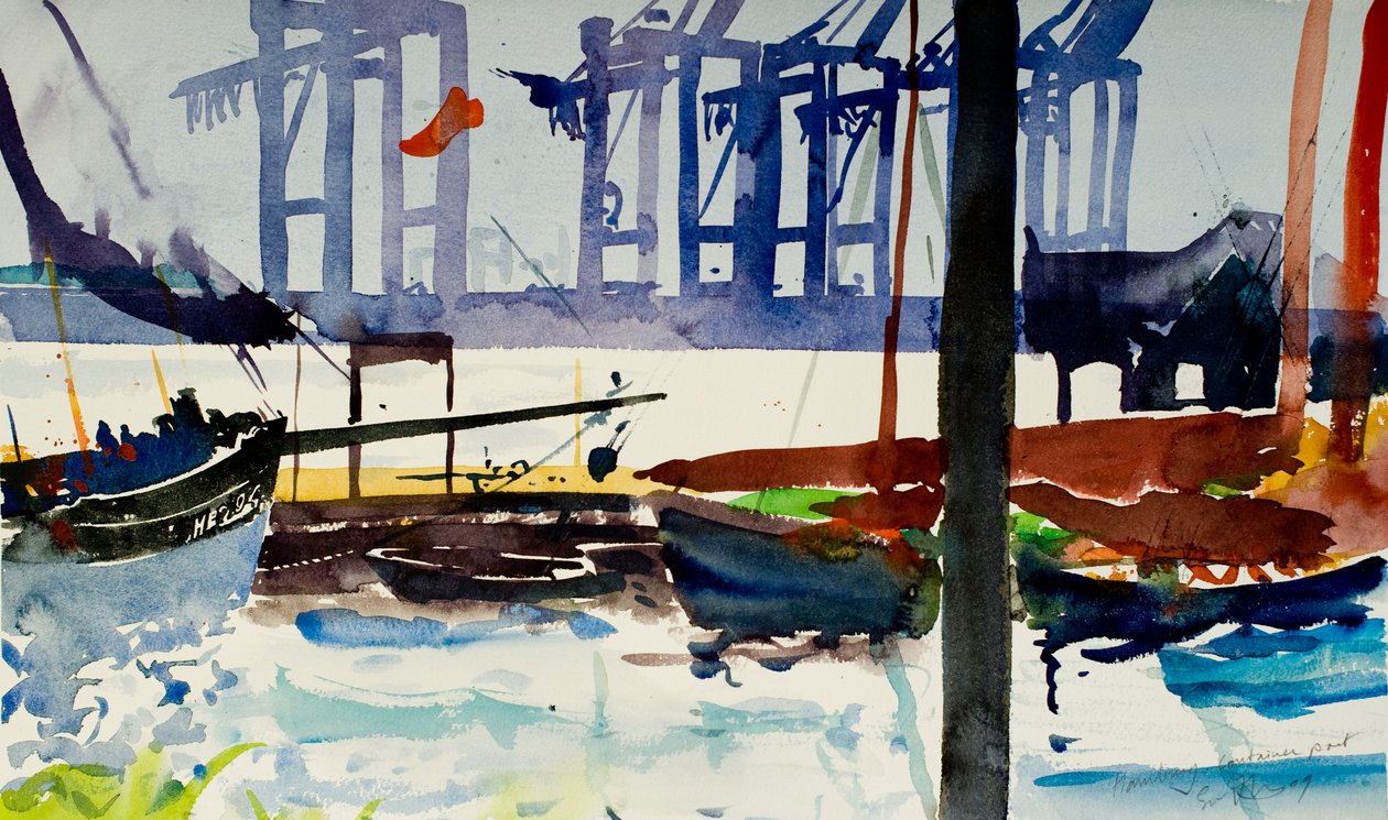 Hampuri, konttisatama, 2009 (vesiväri) tekijältä Simon Fletcher