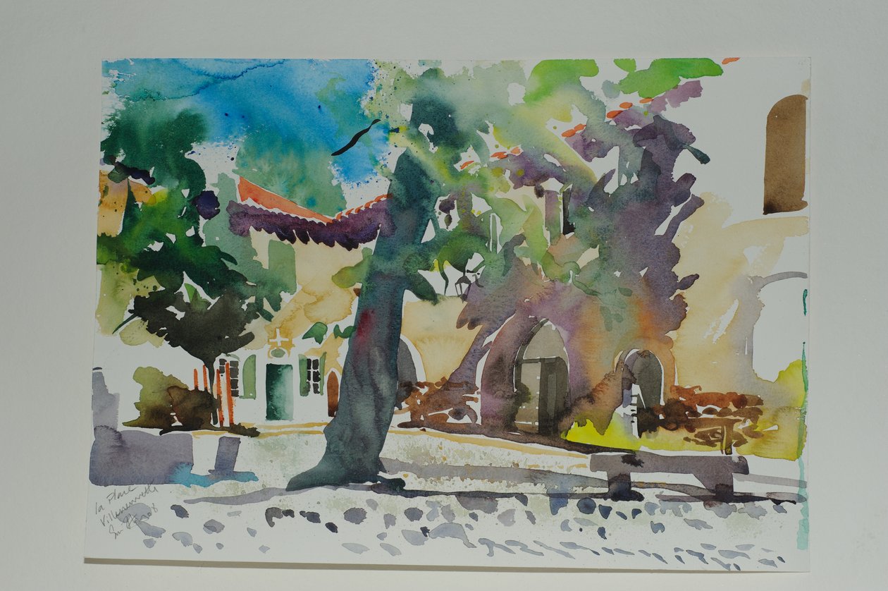 La Place, Villeneuvette, 2009 (akvarelli paperille) tekijältä Simon Fletcher