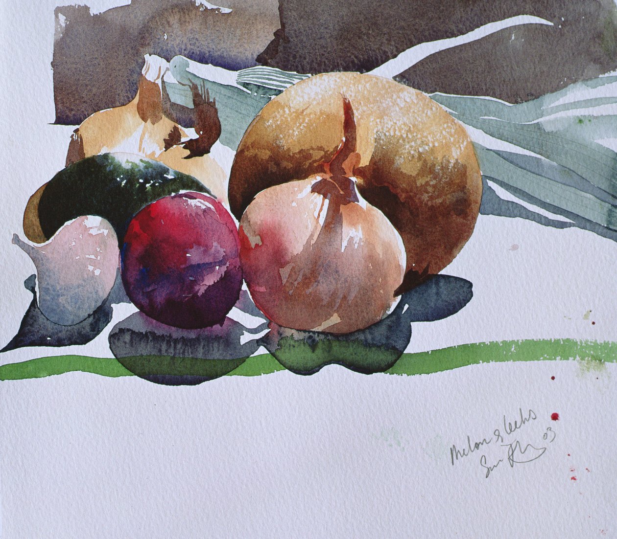 Meloni ja purjo, 2003 (akvarelli) tekijältä Simon Fletcher