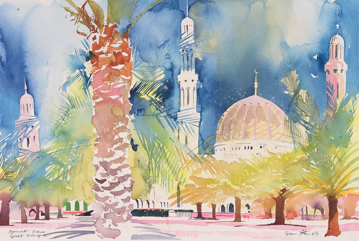 Muscat, Suuri moskeija, 2004 (akvarelli paperille) tekijältä Simon Fletcher