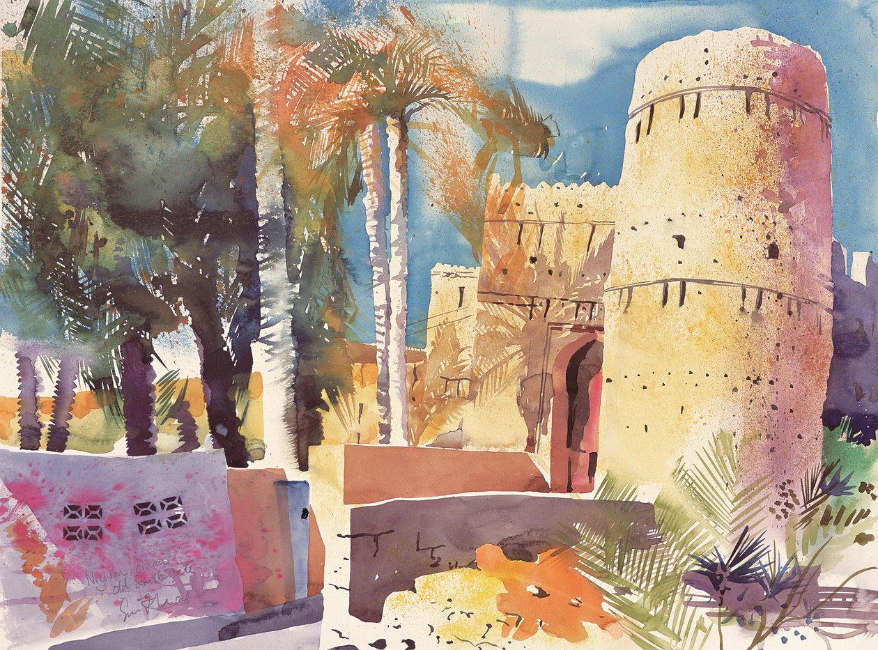 Nizwa Oman, Vanha eteläportti, 2005 (akvarelli) tekijältä Simon Fletcher