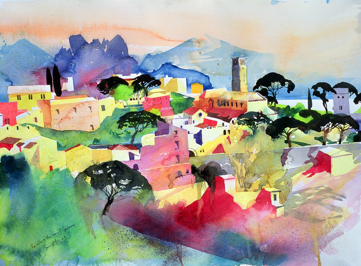 Ravello ja Salernon lahti, 2003 (akvarelli paperille) tekijältä Simon Fletcher