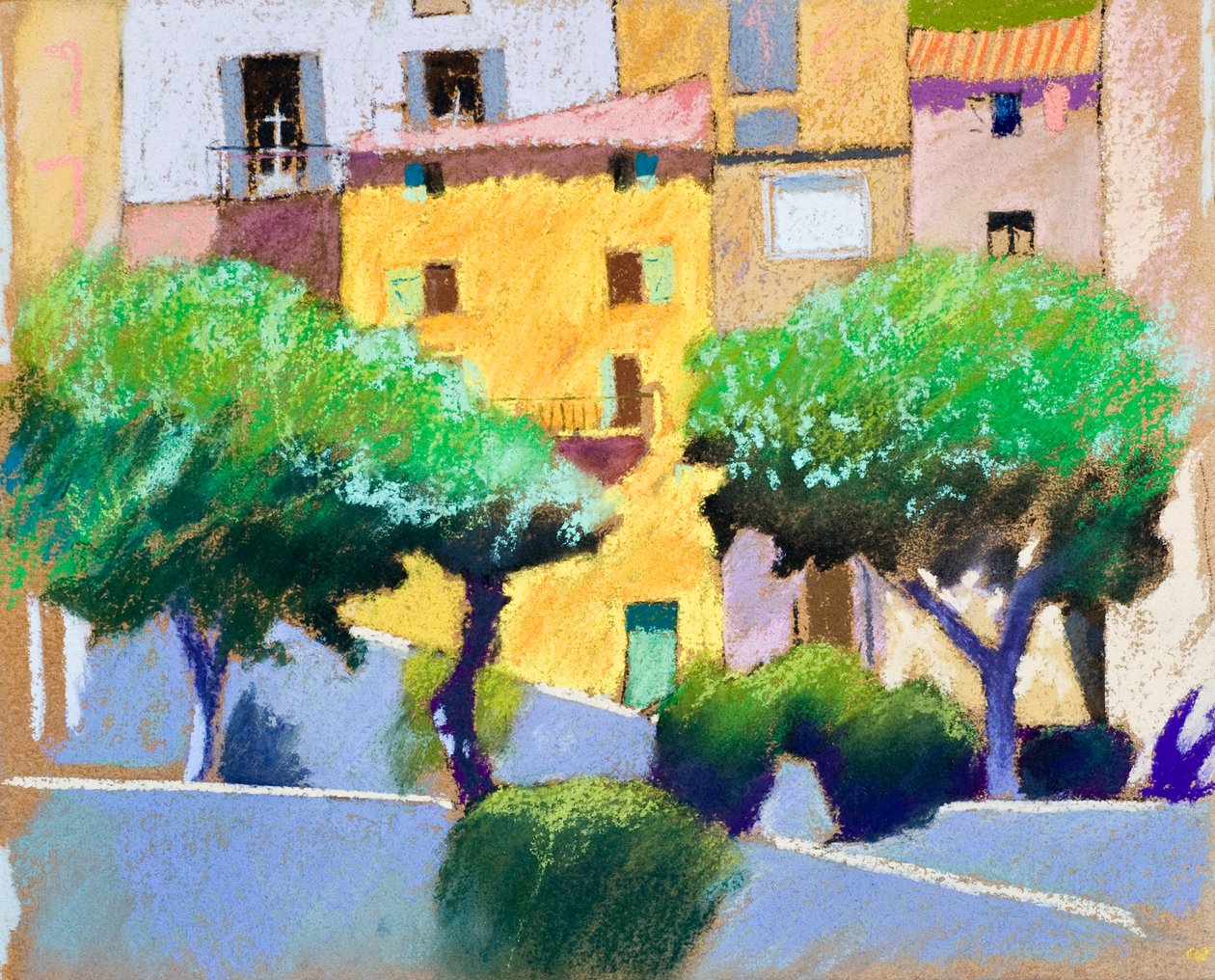 Roquebrunin julkisivut (pastelli paperille) tekijältä Simon Fletcher