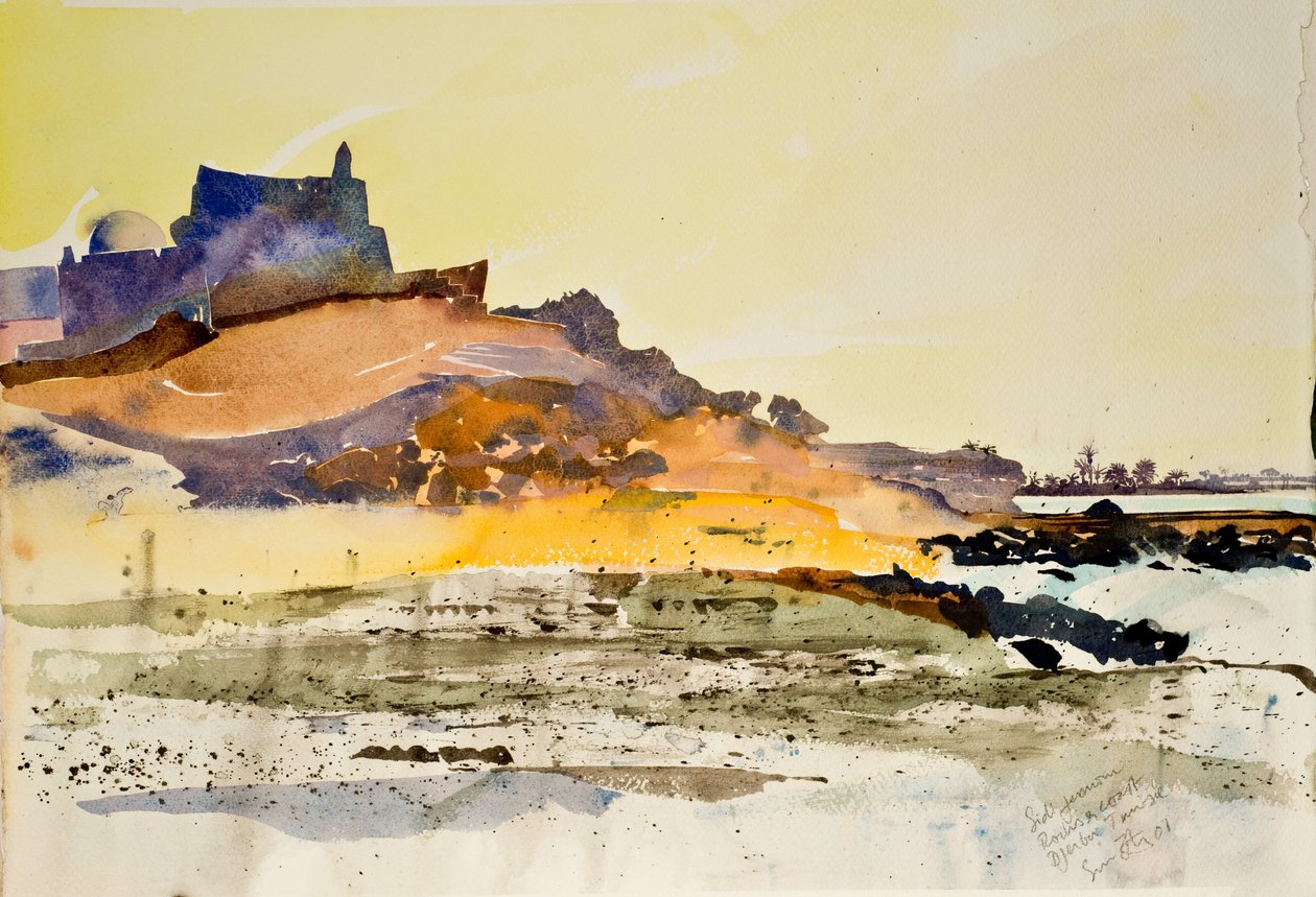 Sidi Jemour, kalliot ja rannikko,Djerba Tunisia, 2000 (akvarelli) tekijältä Simon Fletcher