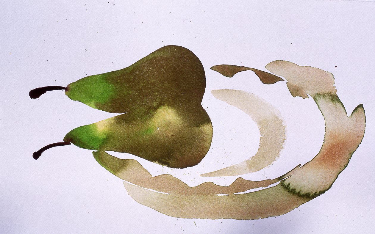 Kaksi päärynää lautasella, 2010 (akvarelli) tekijältä Simon Fletcher