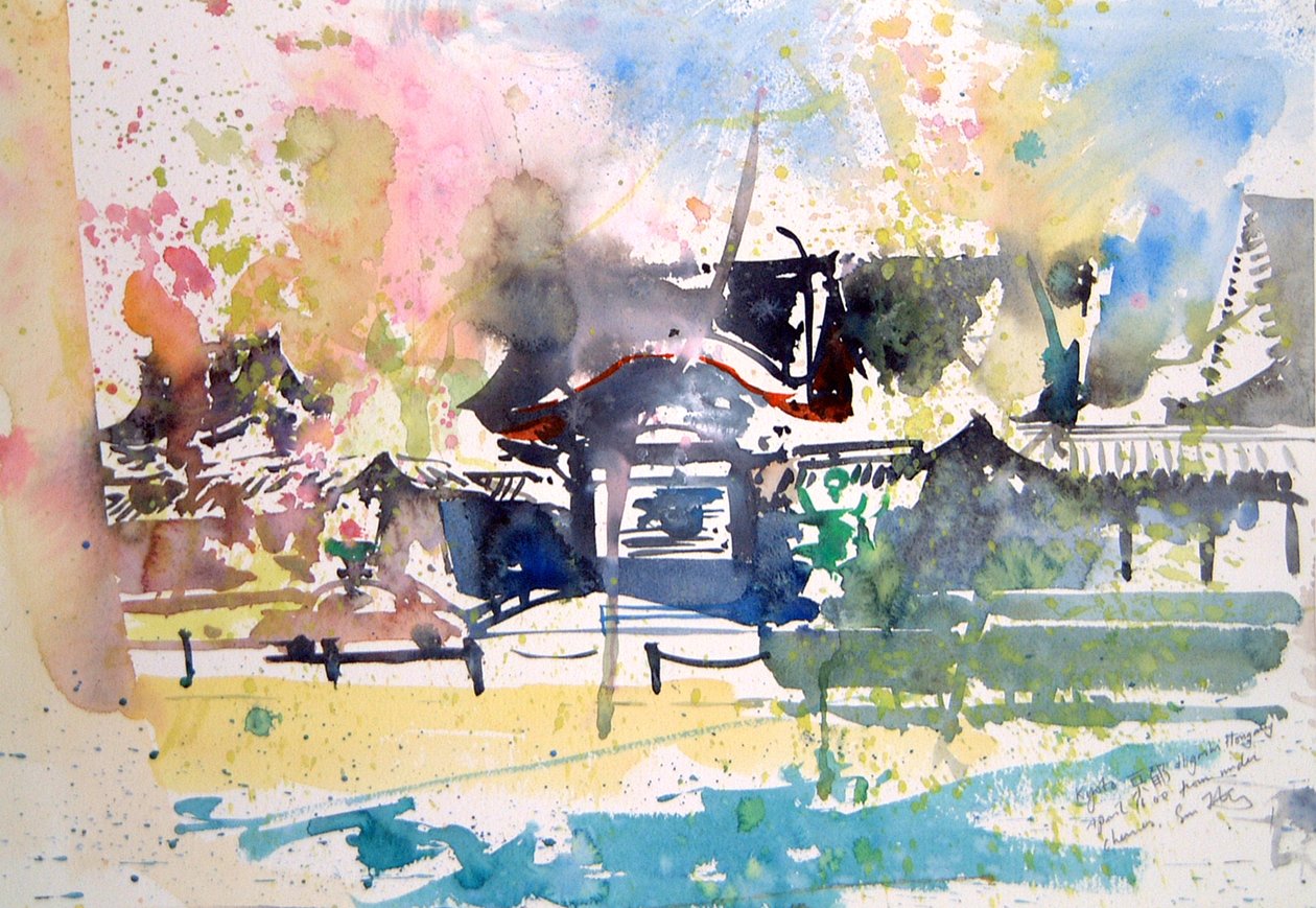 Kirsikoiden alla Kioto, 2000 (akvarelli) tekijältä Simon Fletcher