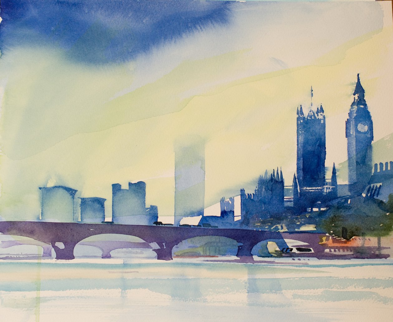 Westminster kävelysillalta, 2016 (akvarelli) tekijältä Simon Fletcher