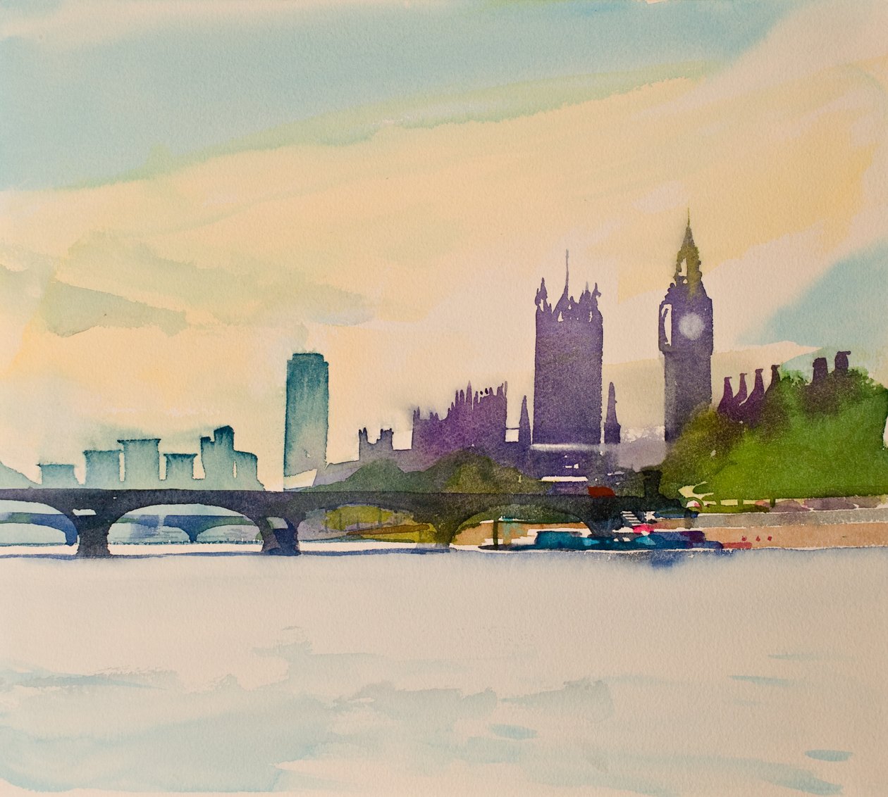 Westminster kävelysillalta II, 2016 (akvarelli) tekijältä Simon Fletcher