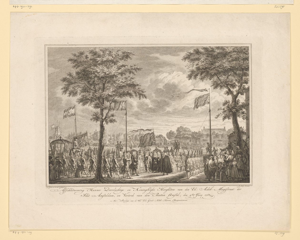 Jäähyväiset Willem V:lle ja hänen vaimolleen Buiten Amstelissa, 1768 Jäähyväiset heidän rauhallisille ja kuninkaallisille korkeuksilleen van den Ed: Achtb: Amsteldamin kaupungin tuomari ja den Buiten Amstelin lähtö, 4. kesäkuuta 1768 (nimi esineessä) Kuva tekijältä Simon Fokke