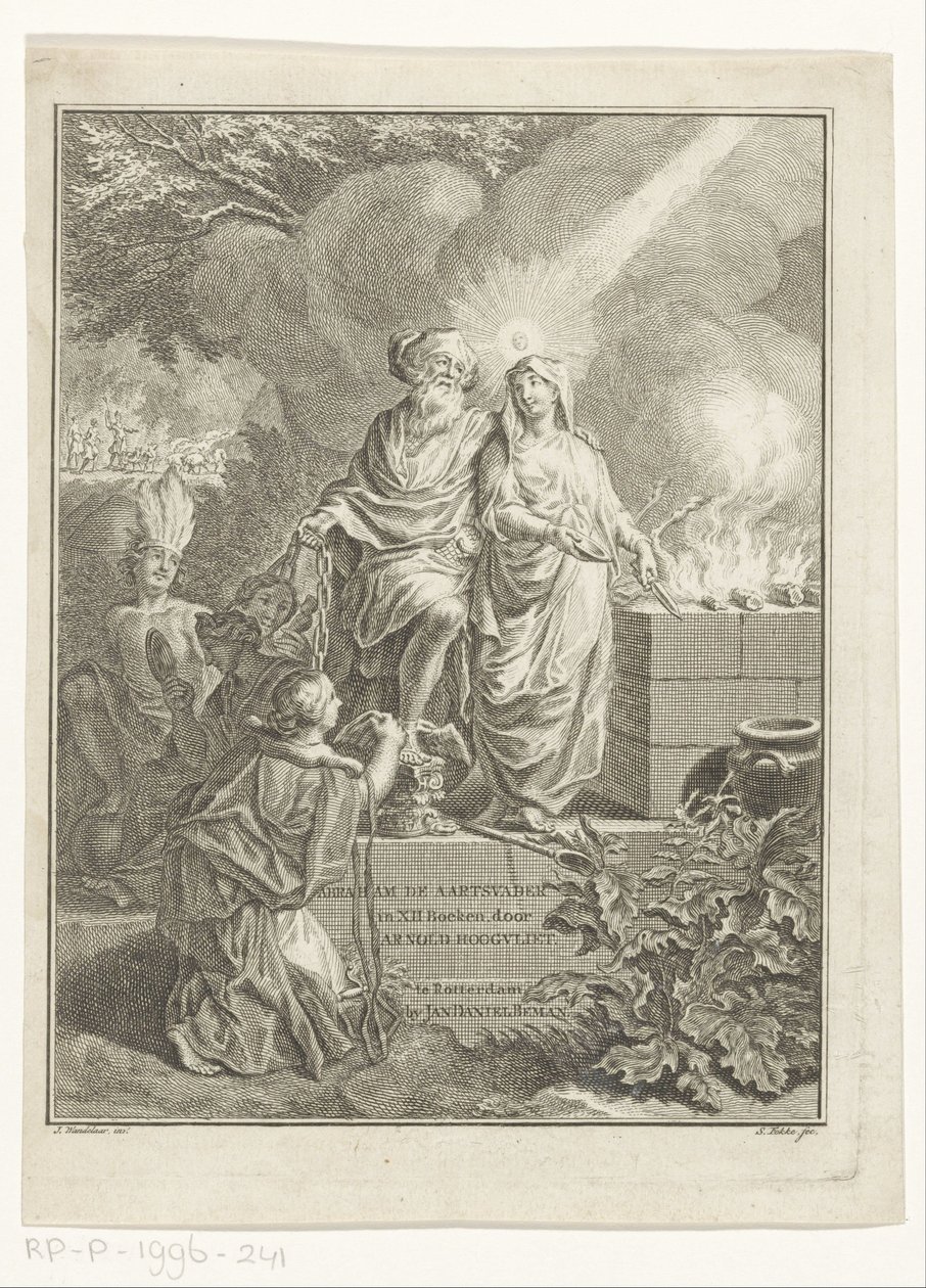 Allegorische titelpagina met aartsvader Abraham en Waarheid Titelpagina voor: Arnold Hoogvliet, Abraham de aartsvader, in XII Boeken, s.a. tekijältä Simon Fokke
