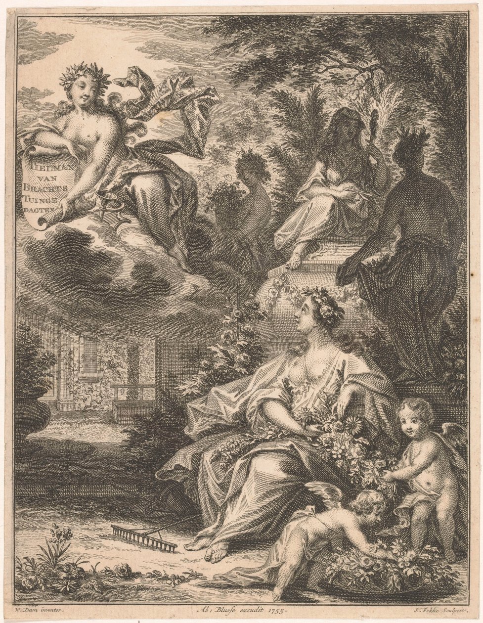 Flora puutarhassa Otsikko sivulle: Tielman van Bracht, Tuingedagten. Kuudella kurssilla, 1754 tekijältä Simon Fokke