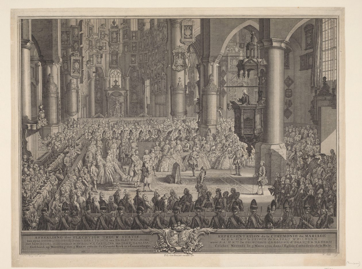 Karel Christian van Nassau-Weilburgin avioliitto prinsessa Carolinan kanssa, 1760 Kuvaus (...) prinssi van Nassau Weilburgin juhlallisesta hääseremoniasta (...) Carolina van Oranjen & Nassaun kanssa tapahtui keskiviikkona 5. maaliskuuta 1760 Groote Kerk in tekijältä Simon Fokke