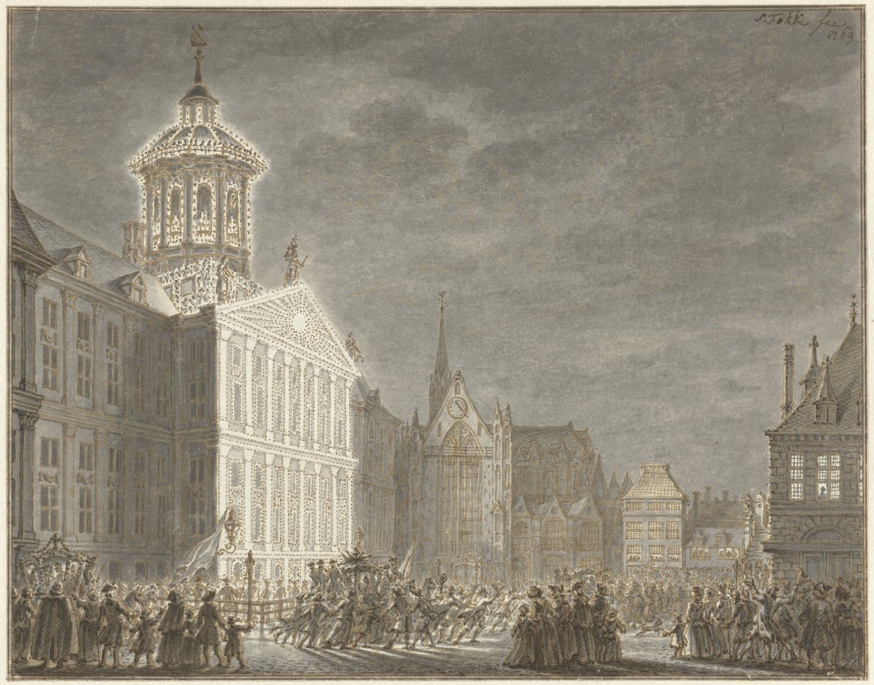 Raatihuoneen valaistus William V:lle ja Preussin Wilhelminalle, 1768 tekijältä Simon Fokke
