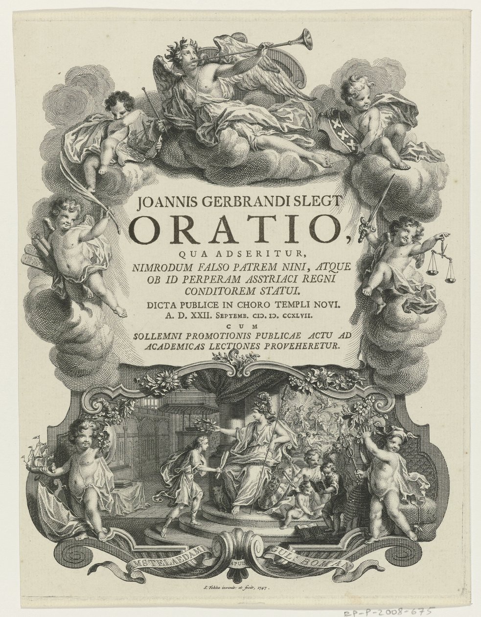 Minerva lauwert een jongeman met bul Otsikko voor: J.G. Slegt, Puhe, jossa väitetään, että Nimrod on valheellisesti Ninan isä (...), 1747 tekijältä Simon Fokke