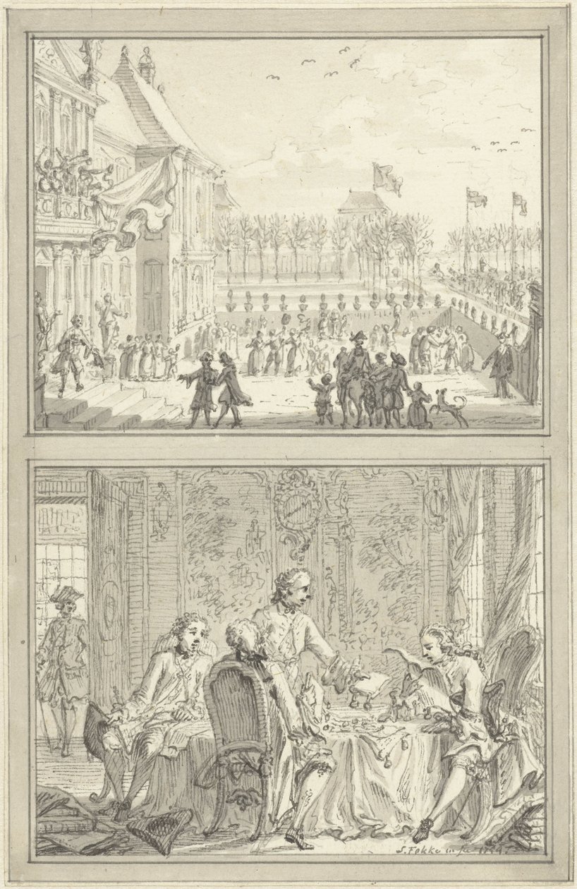 Honselaarsdijkin palatsi vaihtaa omistajaa / Preussin herrakuntien myynti Anna van Hannoverille, 1754 tekijältä Simon Fokke