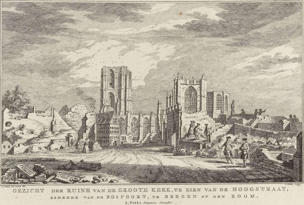 Bergenin suuren kirkon rauniot op Zoom, 1748 Näkymä Groote Kerkin raunioista Hoogstraatilta nähtynä, Bospoortilta tullessa Bergen op den Zoomissa (otsikko esineessä) Raunioiden kymmenen kasvoa Bergen op Z:n piirityksen ja tuhon jälkeen tekijältä Simon Fokke