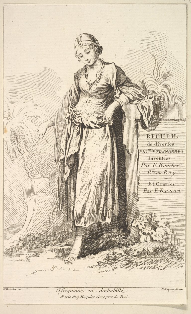 Afrikkalainen nainen negligee-puvussa, kokoelmasta erilaisia ​​ulkomaisia ​​hahmoja Keksijä..., 1700-luku. tekijältä Simon Francois Ravenet