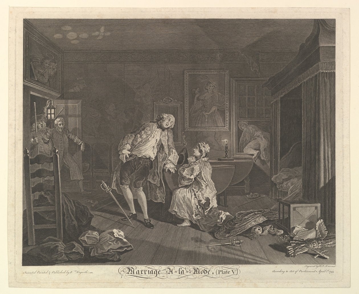 Avioliitto A-la-Mode, levy V, huhtikuu 1745. tekijältä Simon Francois Ravenet