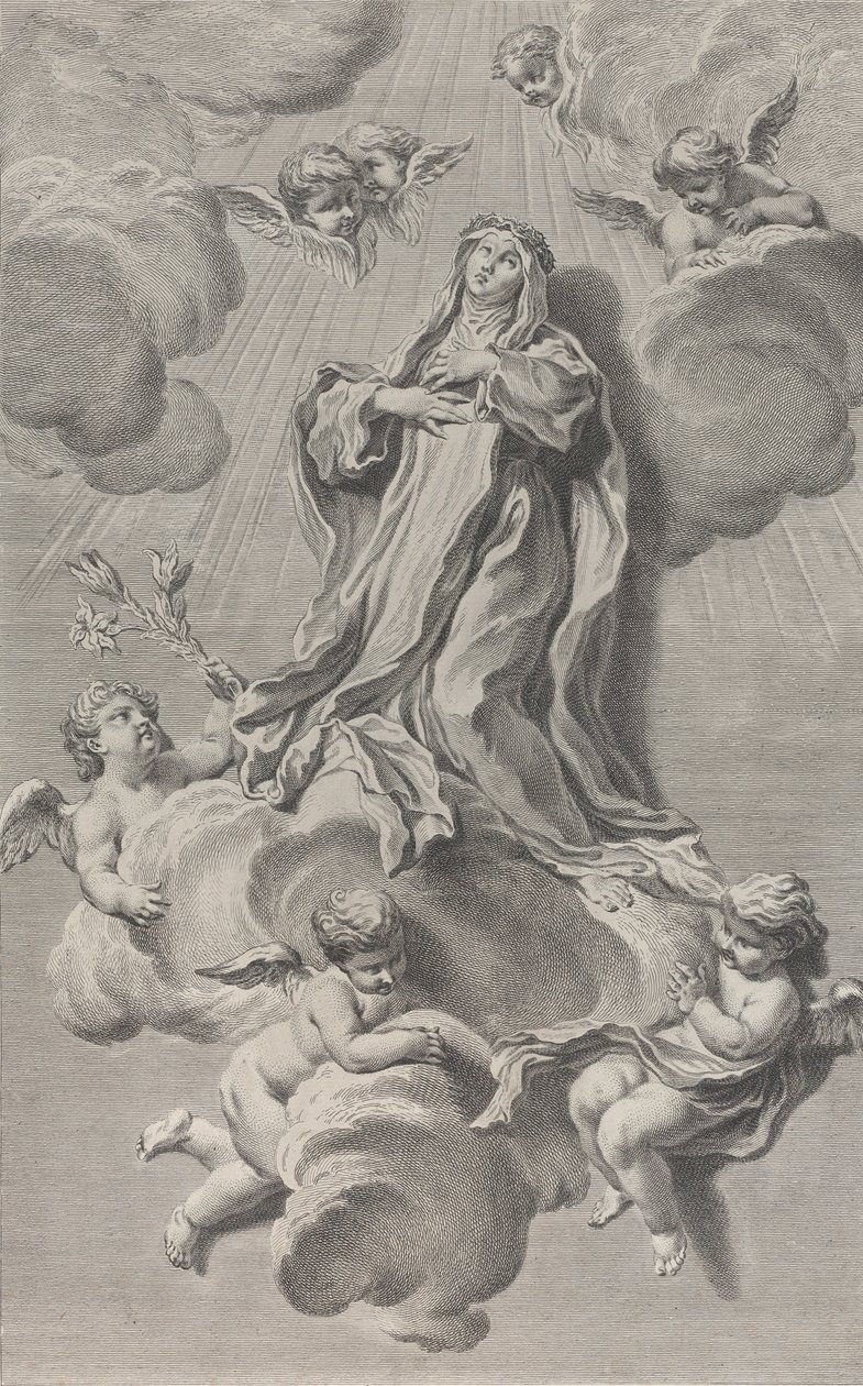 Pyhän Sienalaisen Katariinan ekstaasi polvistumassa enkelien kantaman pilven päällä, yksi ..., 1729-40. tekijältä Simon Francois Ravenet