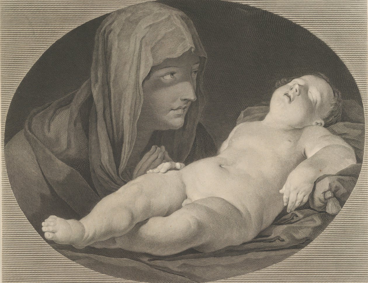 Neitsyt rukouksessa, katsomassa nukkuvaa Kristus-lapsea, soikeassa kehyksessä, Renin jälkeen..., 1765. tekijältä Simon Francois Ravenet