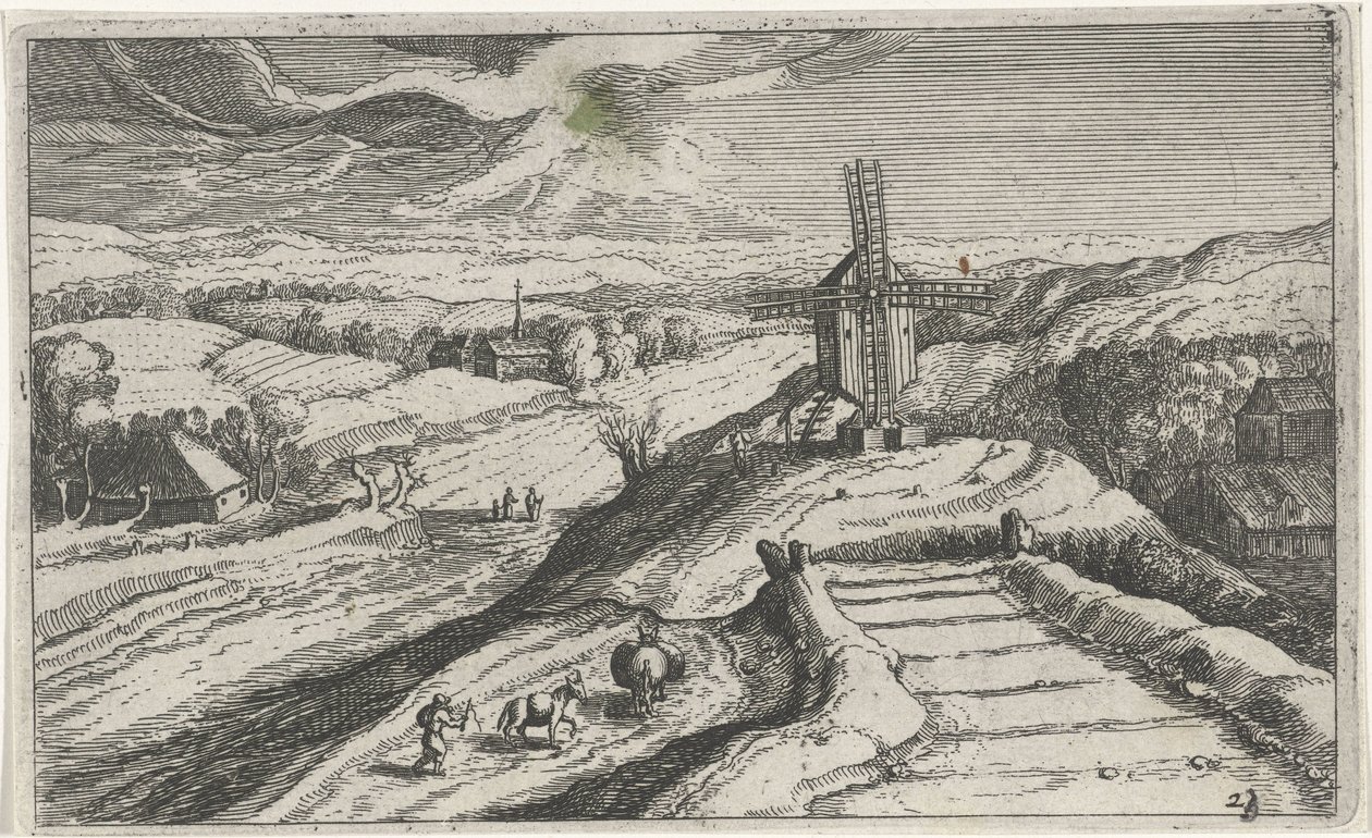 Mäkinen maisema tuulimyllyllä Erilaisia ​​maisemia (sarjan nimi) Topographia variarum regionum (sarjan nimi) tekijältä Simon Frisius (attributed to)