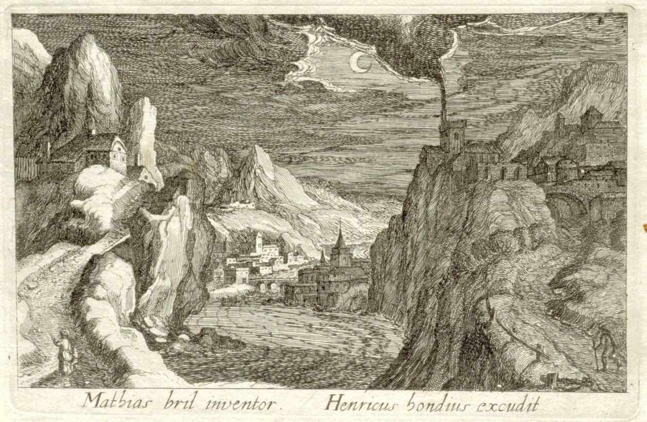 Jokimaisema kuunvalossa Erilaisia ​​maisemia (sarjan nimi) Topographia variarum regionum (sarjan nimi) tekijältä Simon Frisius (attributed to)