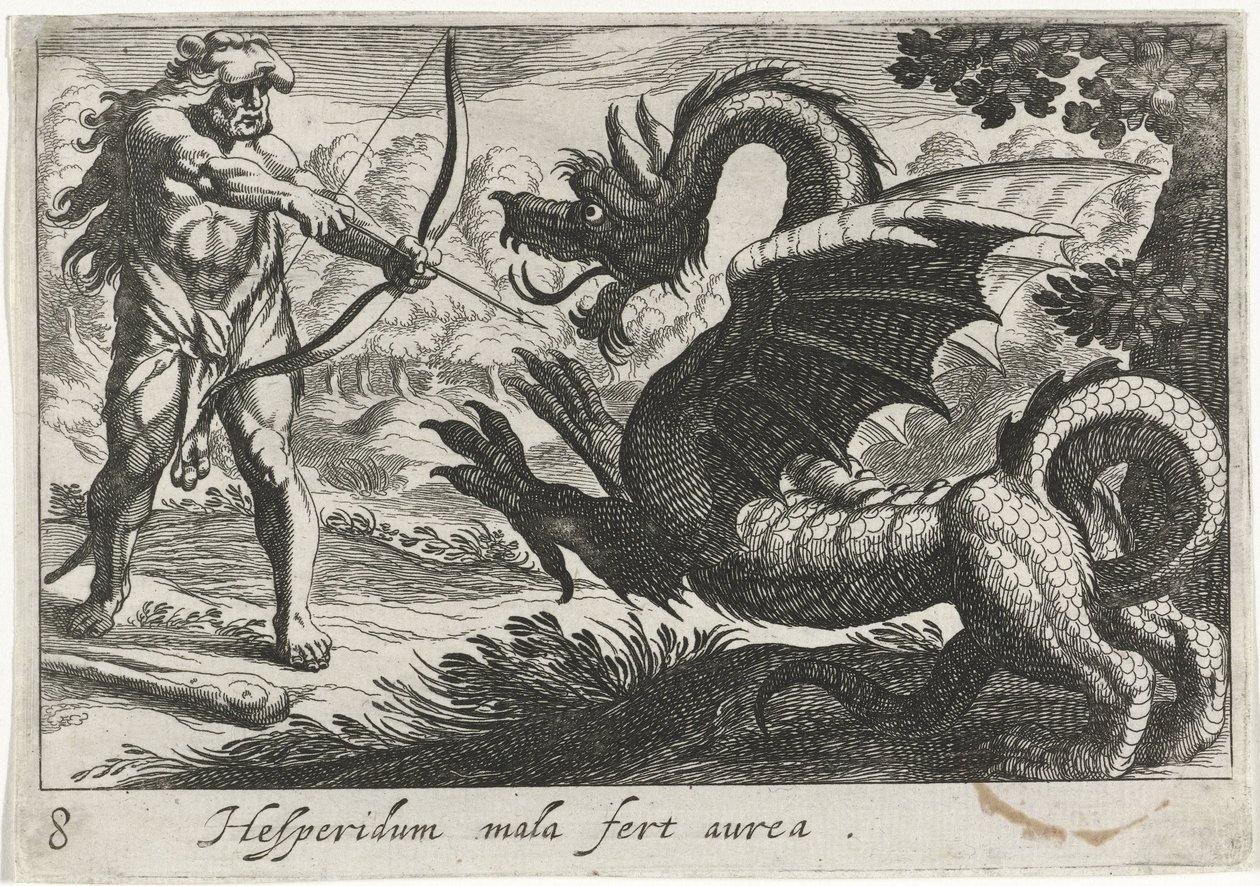 Hercules tappaa lohikäärme Ladonin Hesperidum mala fert aurea (otsikko esineessä) Herculean Themes (sarjan nimi) tekijältä Simon Frisius