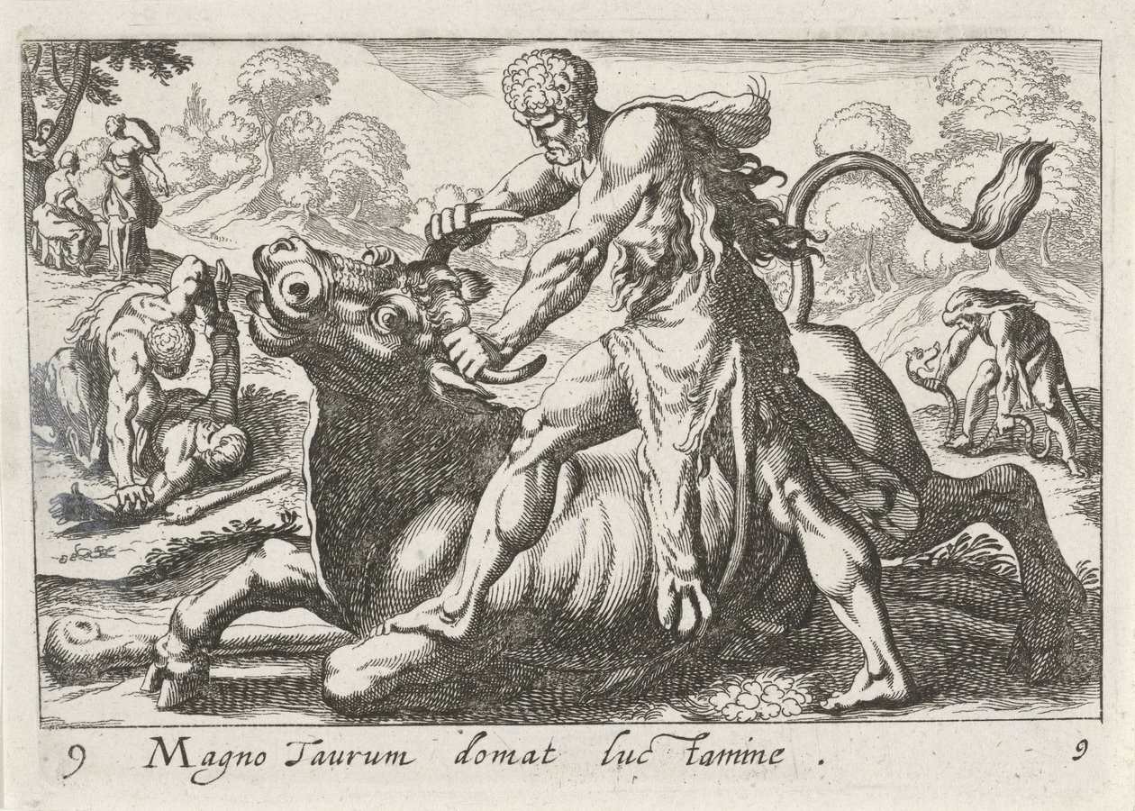 Hercules taistelussa Achelouksen kanssa Valo kesyttää suuren härän (otsikko esineessä) Herculische-teeman (sarjan nimi) tekijältä Simon Frisius