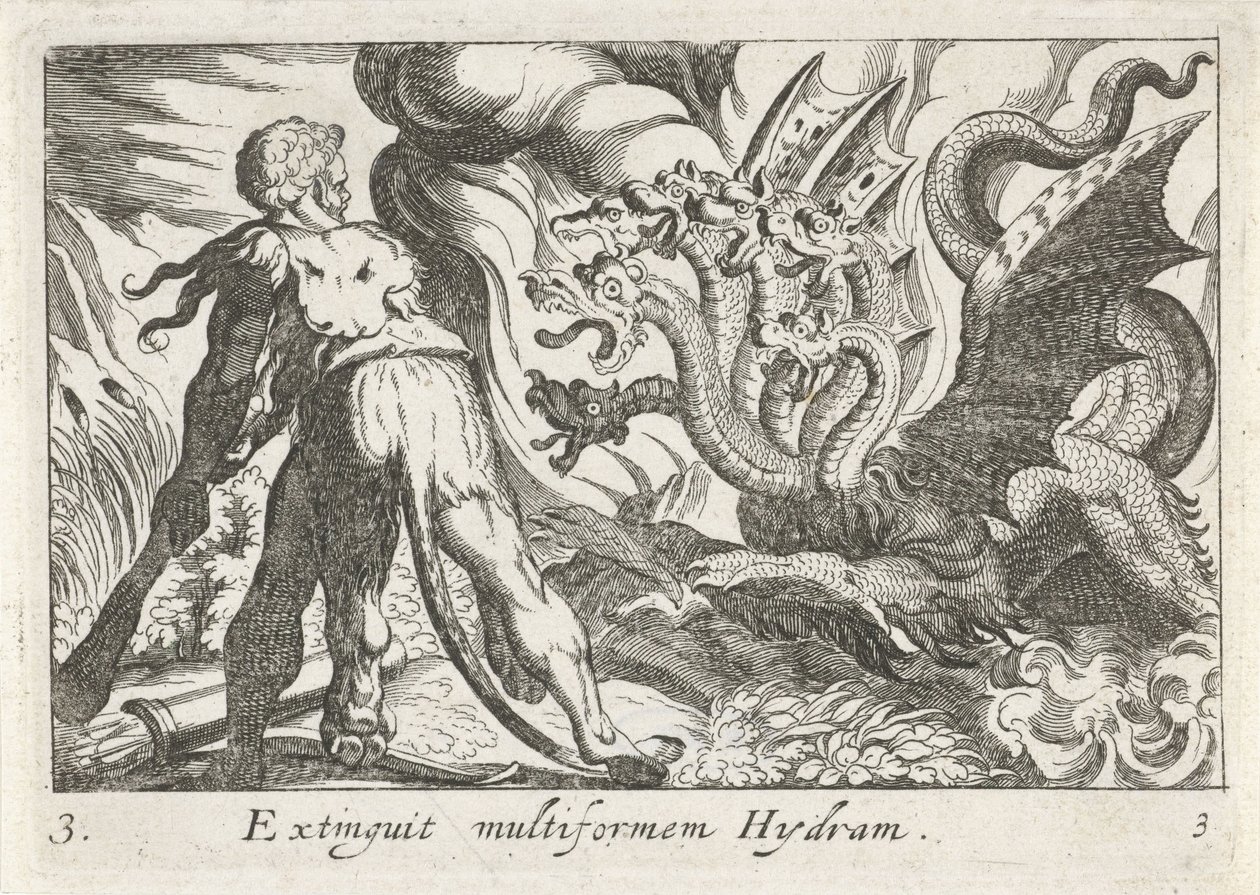 Hercules taistelee Lernan hydraa vastaan Extinguit Multiform Hydram (otsikko esineessä) Herculean Themes (sarjan nimi) tekijältä Simon Frisius