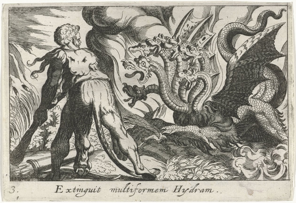 Hercules taistelee Lernan hydraa vastaan Extinguit Multiform Hydram (otsikko esineessä) Herculean Themes (sarjan nimi) tekijältä Simon Frisius
