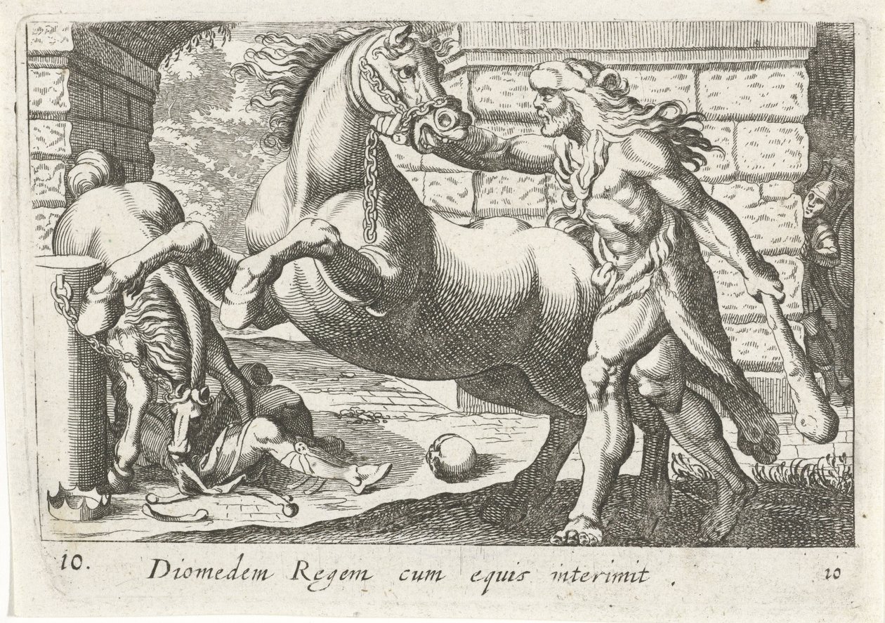 Hercules temt de paarden van Diomedes Diomedes kuningas hevosineen (otsikko esineessä) Herculische-teeman (sarjan nimi) tekijältä Simon Frisius
