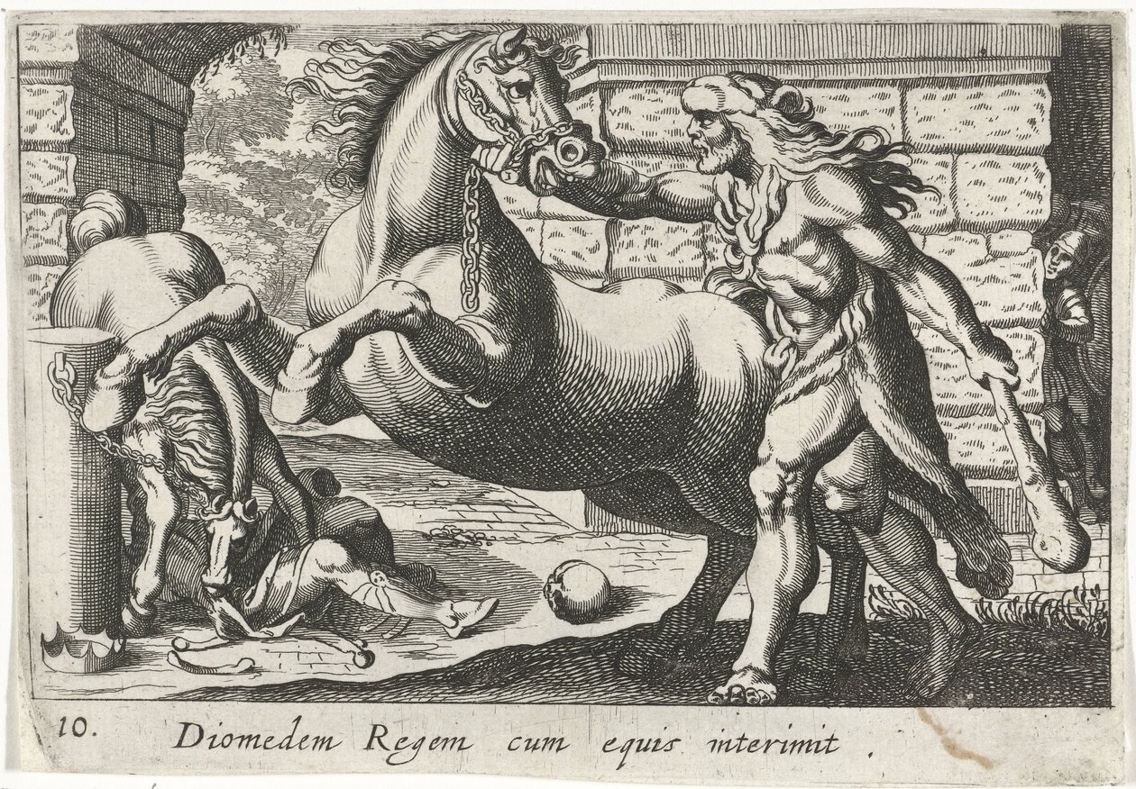 Hercules temt de paarden van Diomedes Diomedes kuningas hevosineen (otsikko esineessä) Herculische-teeman (sarjan nimi) tekijältä Simon Frisius