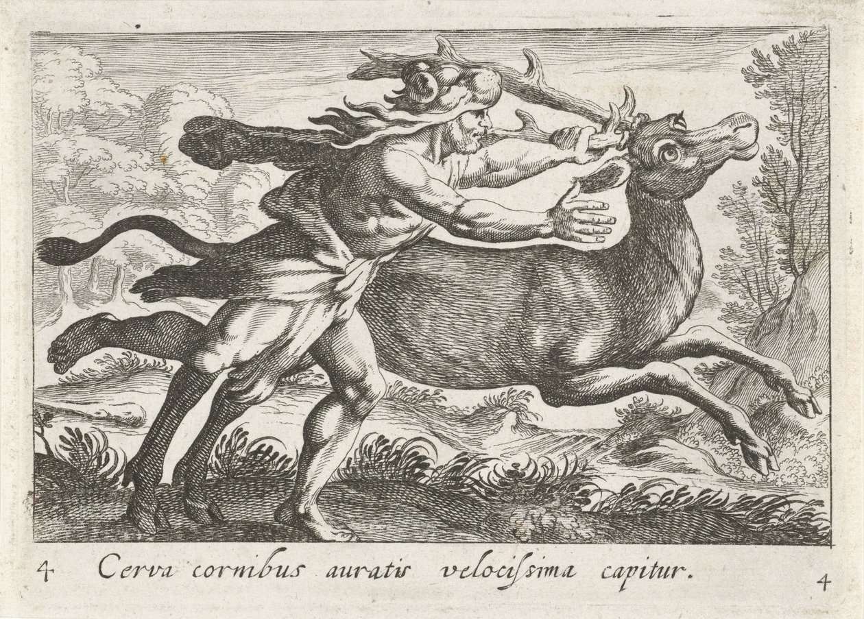 Hercules vangt de Hind van Cerynea Peura, jolla on kultaiset sarvet, saadaan kiinni erittäin nopeasti (otsikko esineessä) Herculische-teeman (sarjan nimi) tekijältä Simon Frisius