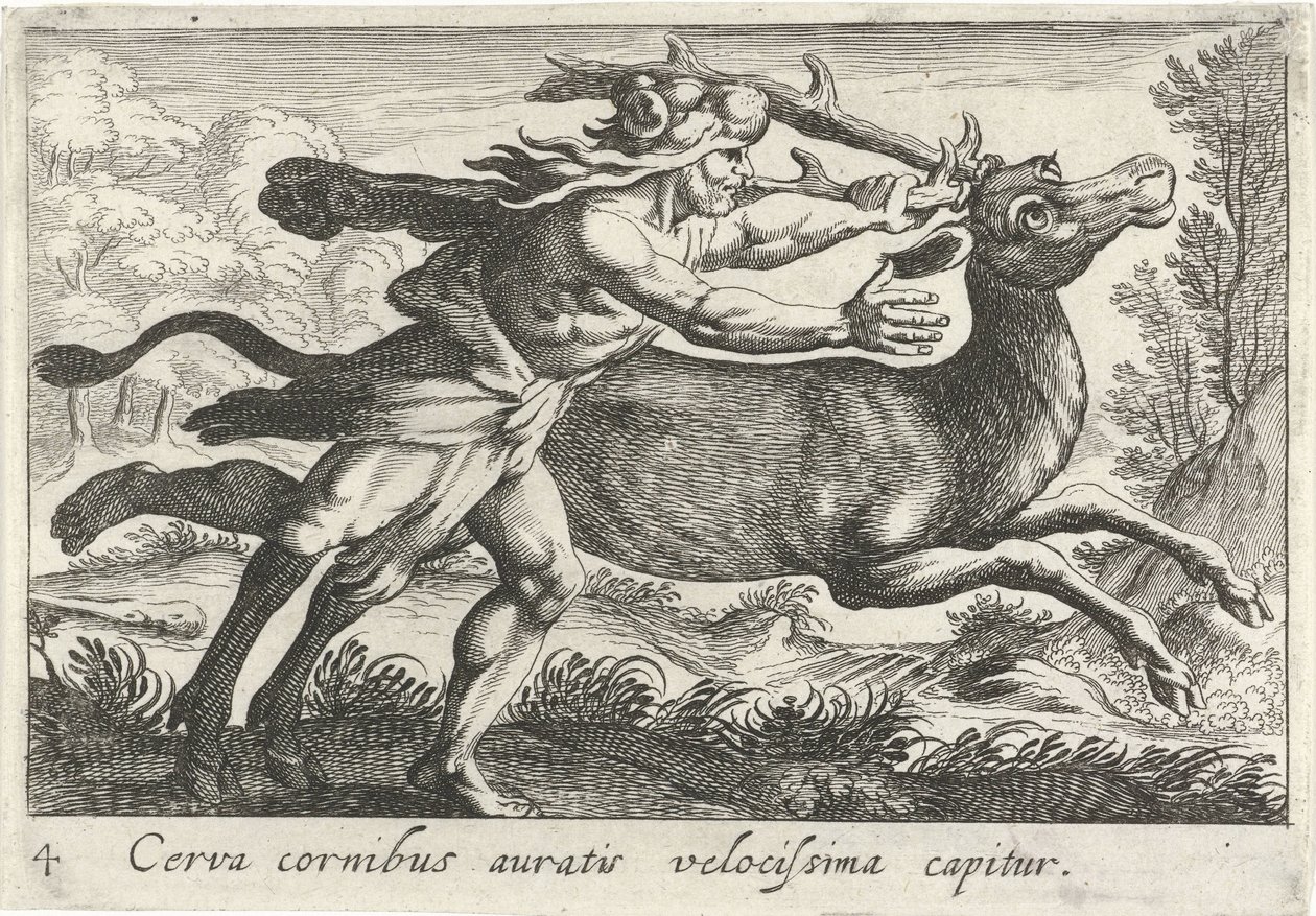 Hercules vangt de Hind van Cerynea Peura, jolla on kultaiset sarvet, saadaan kiinni erittäin nopeasti (otsikko esineessä) Herculische-teeman (sarjan nimi) tekijältä Simon Frisius