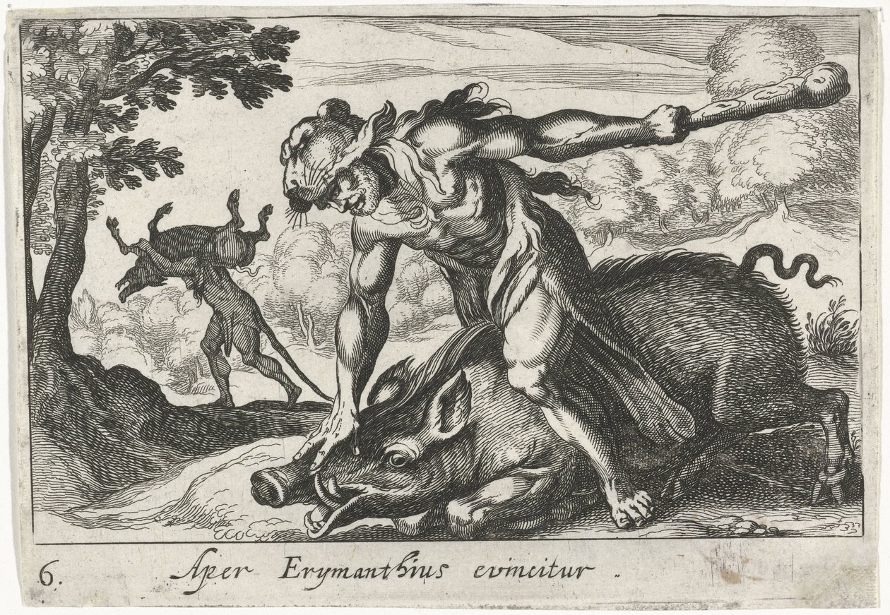 Hercules vangitsee Erymanthuksen siat Aper Erymanthius evincitur (otsikko esineessä) Herculean Themes (sarjan nimi) tekijältä Simon Frisius