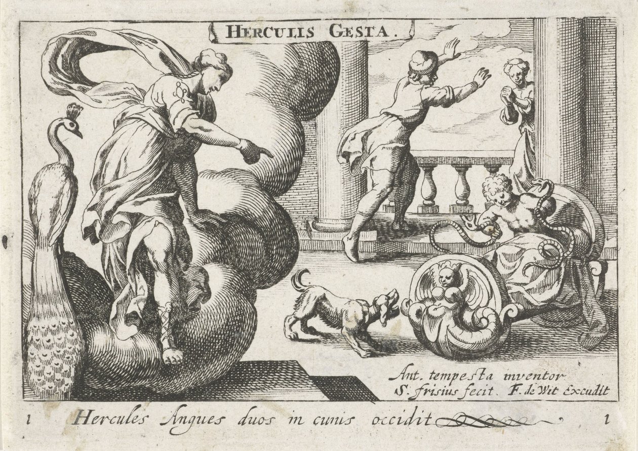 Jonge Hercules wurgt twee slangen Hercules tappaa kaksi käärmettä kehdoissaan (otsikko esineessä) Herculische-teeman (sarjan nimi) Hercules (sarjan nimi esineessä) tekijältä Simon Frisius
