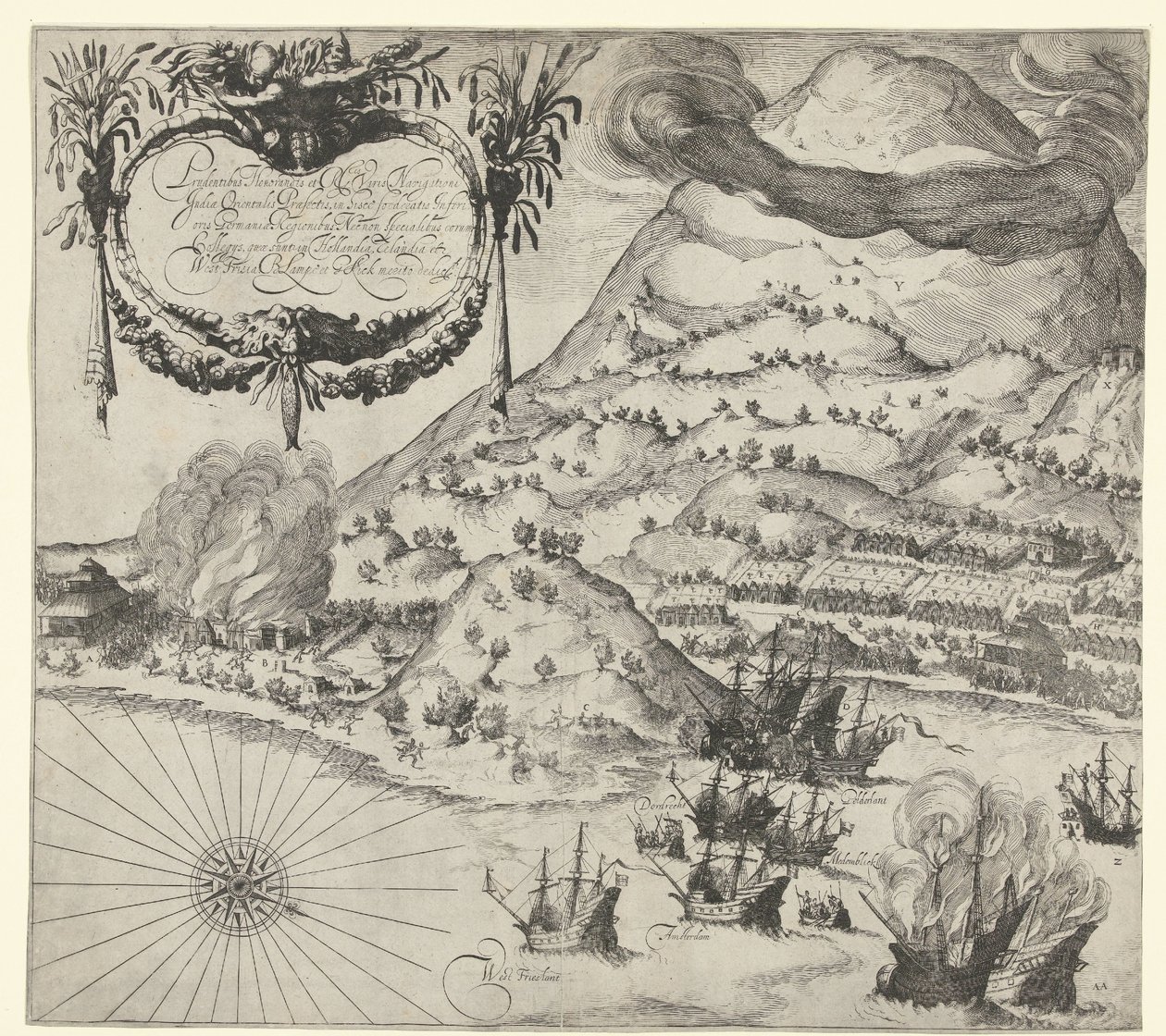 Hollantilaisten voitto portugalilaisista Tidoressa (vasemmalla oleva kuva), 1605 tekijältä Simon Frisius