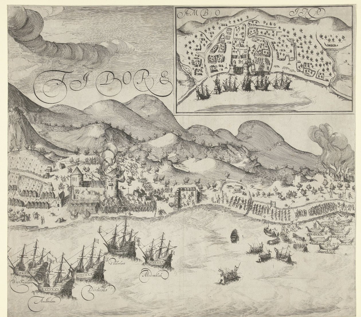 Hollantilaisten voitto portugalilaisista Tidoressa (oikeanpuoleinen kuva), 1605 tekijältä Simon Frisius