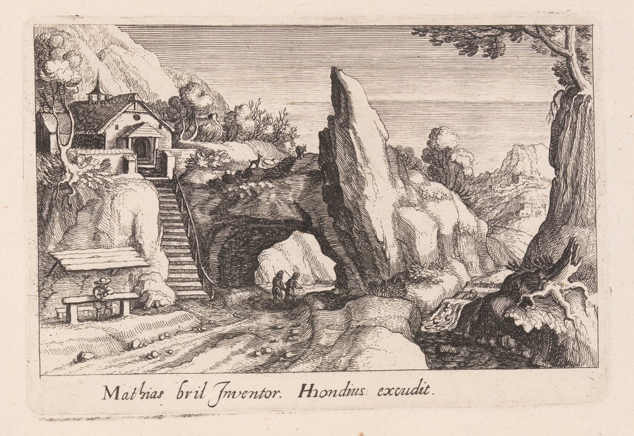 Hahmopari kävelemässä kalliosillan alla, Topographia Variarum Regionum -teoksesta. tekijältä Simon Frisius