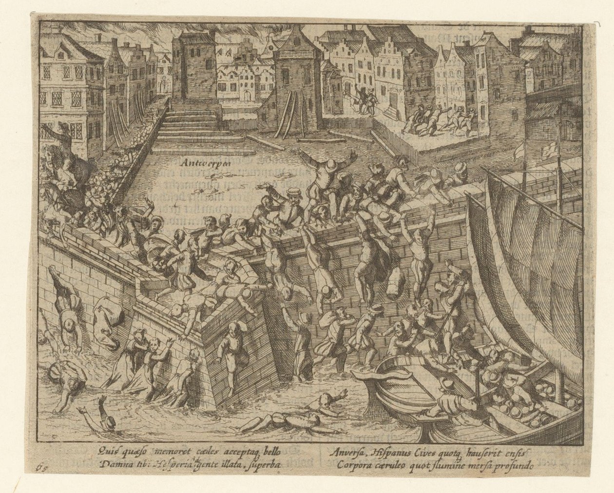 Espanjalainen raivo: asukkaat pakenevat Schelde-joelle, 1576 tekijältä Simon Frisius