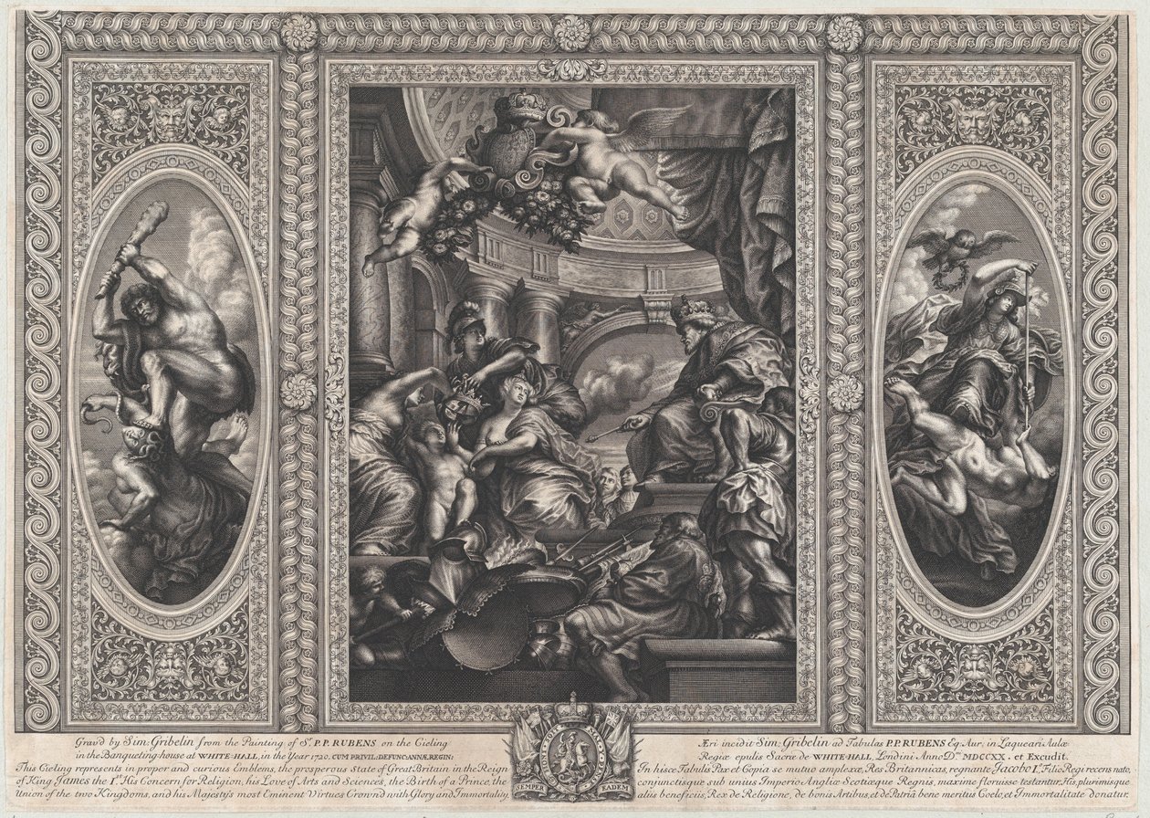 Allegorinen kohtaus, joka näyttää Jaakobin hallituskauden edut keskellä, Viisaan hallituksen kulkuri..., 1720. tekijältä Simon Gribelin