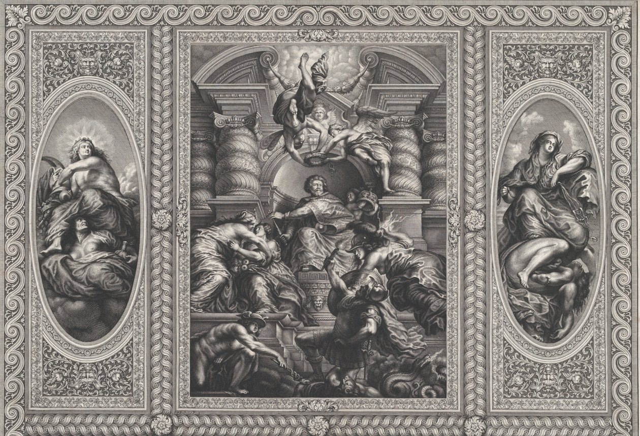 James I nimitti Charlesin Skotlannin kuninkaaksi keskelle, Minerva spearing Ignorancea vuonna 1720. tekijältä Simon Gribelin