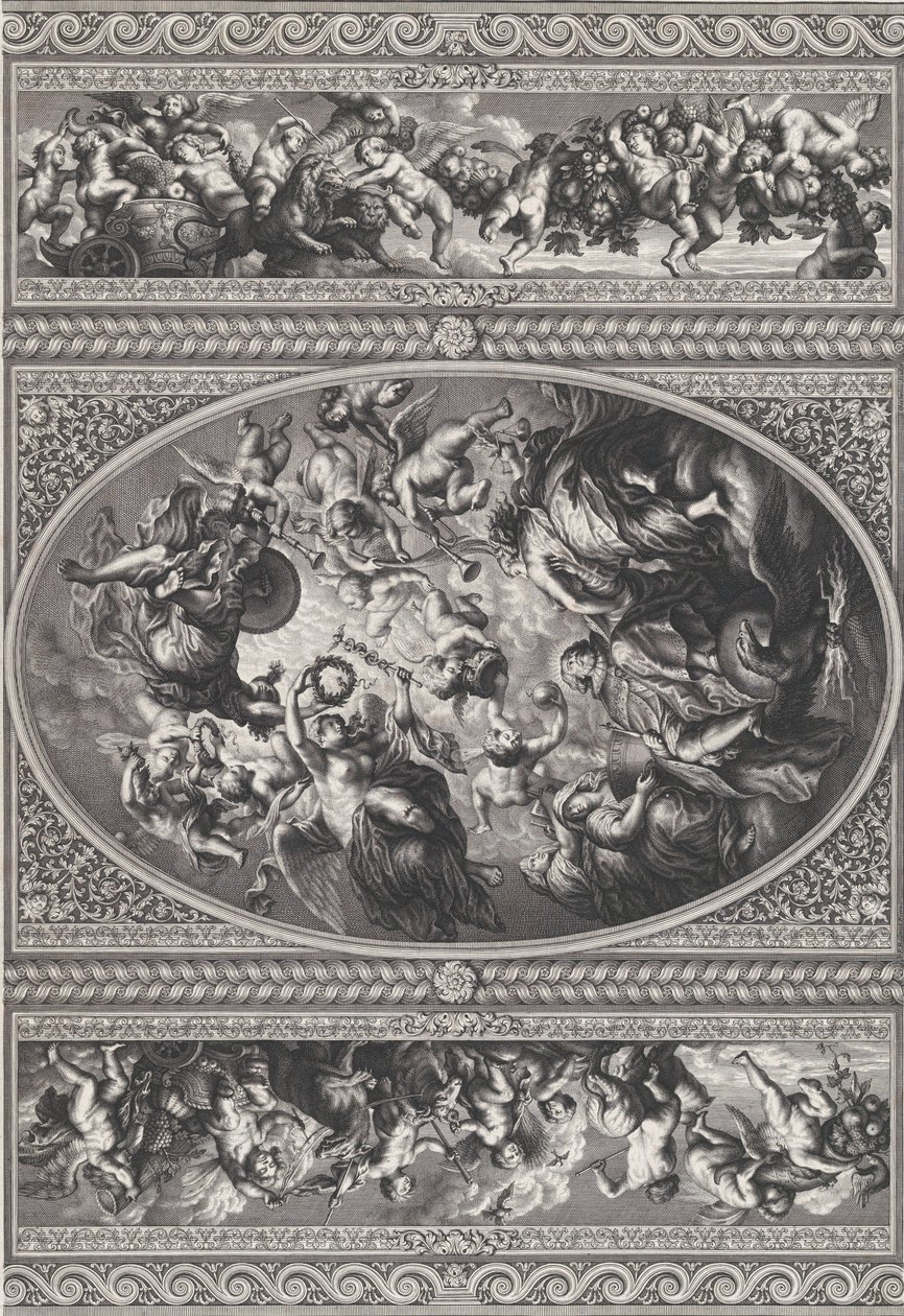 Jaakob I:n apoteoosi soikeassa keskellä, friisit putilla ja seppeleillä joko..., 1720. tekijältä Simon Gribelin