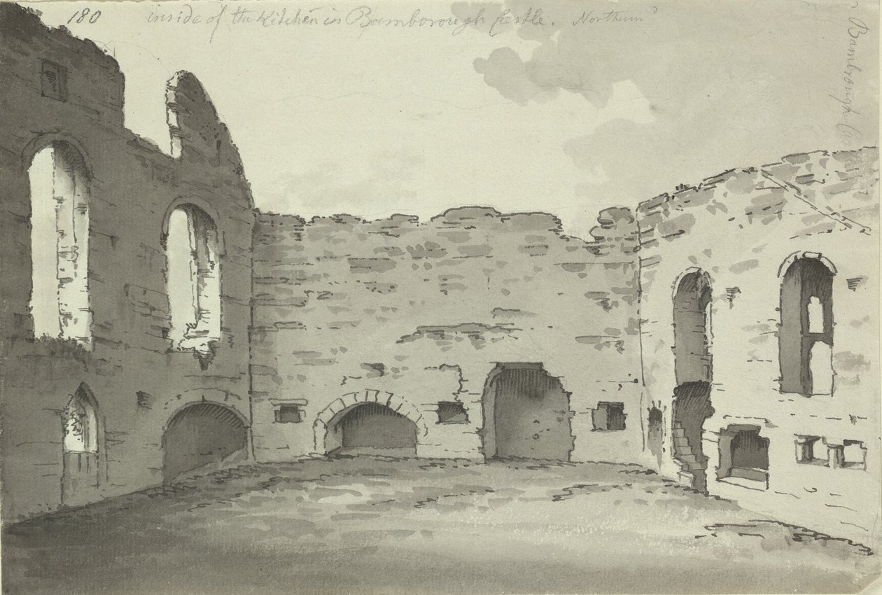 Bamburghin linna, keittiön rauniot, Add. 15542, f.180, c.1780 (kynän ja musteen pesu paperille) tekijältä Simon H. Grimm