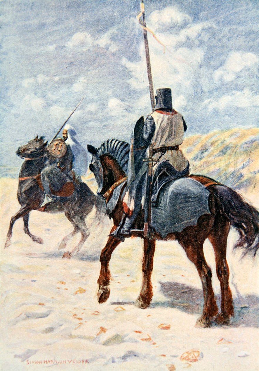 Saraseeni lähestyy ristiretkelärit, piirros Sir Walter Scottin teokseen "The Talisman: A Tale of the Crusaders" tekijältä Simon Harmon Vedder