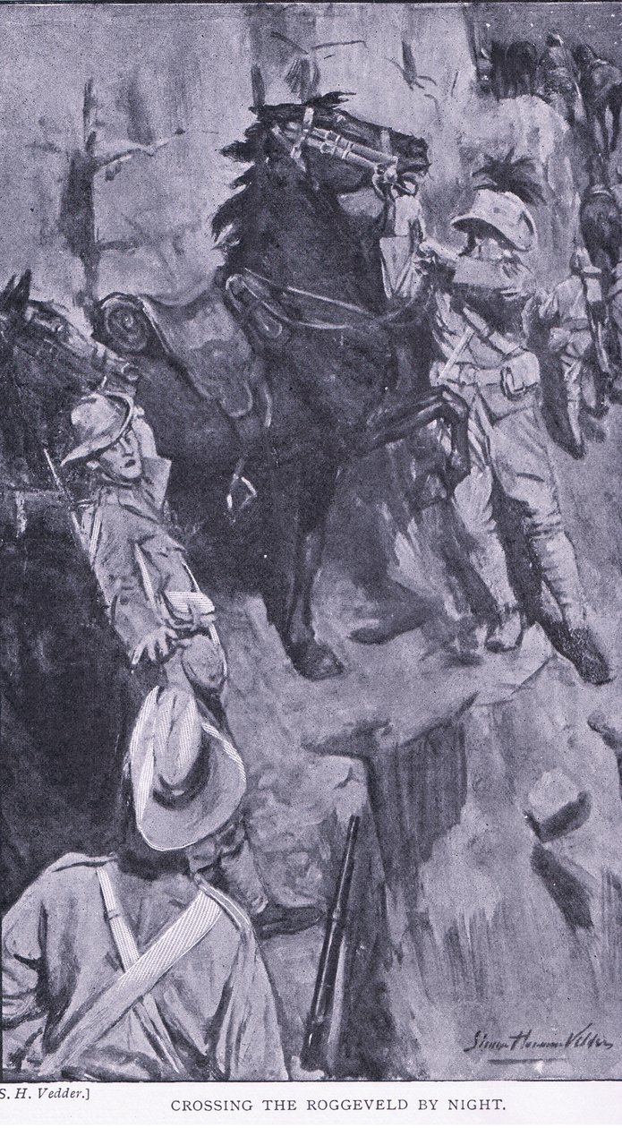 Roggevaldin ylitys yöllä, teoksesta After Pretoria: The Guerilla War, jonka on julkaissut Harmsworth Bros Limited, 1901. tekijältä Simon Harmon Vedder